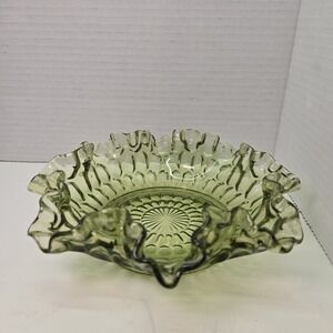 Vintage Fenton Glass Candy Dish Bowl Base Avocado Thumbprint Ruffle Rim‎ 8"